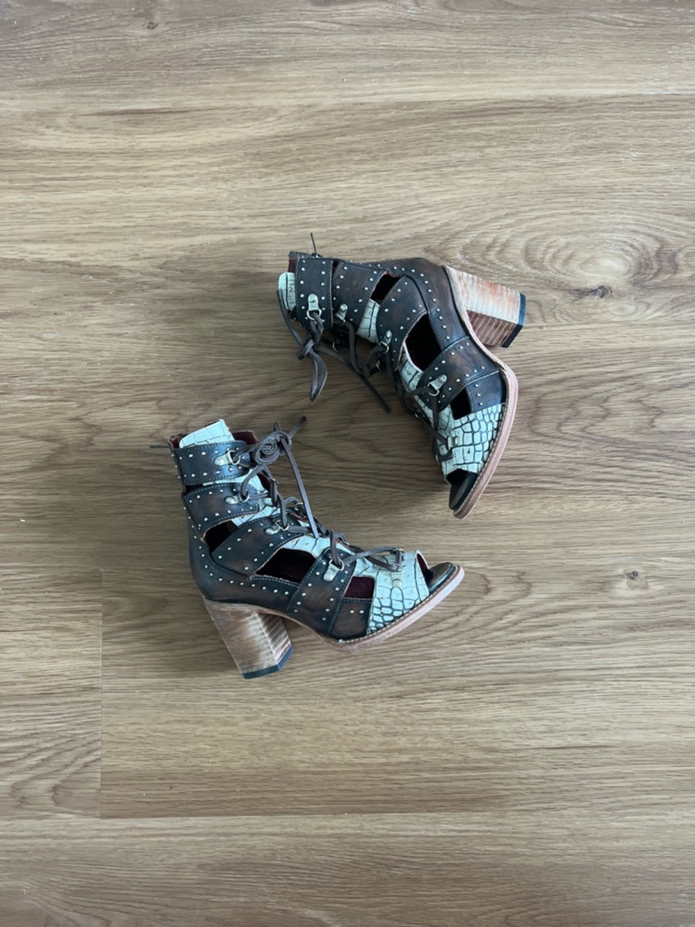 Freebird Brandy Brown and Cream Lace-Up Cutout Block Heel Sandals